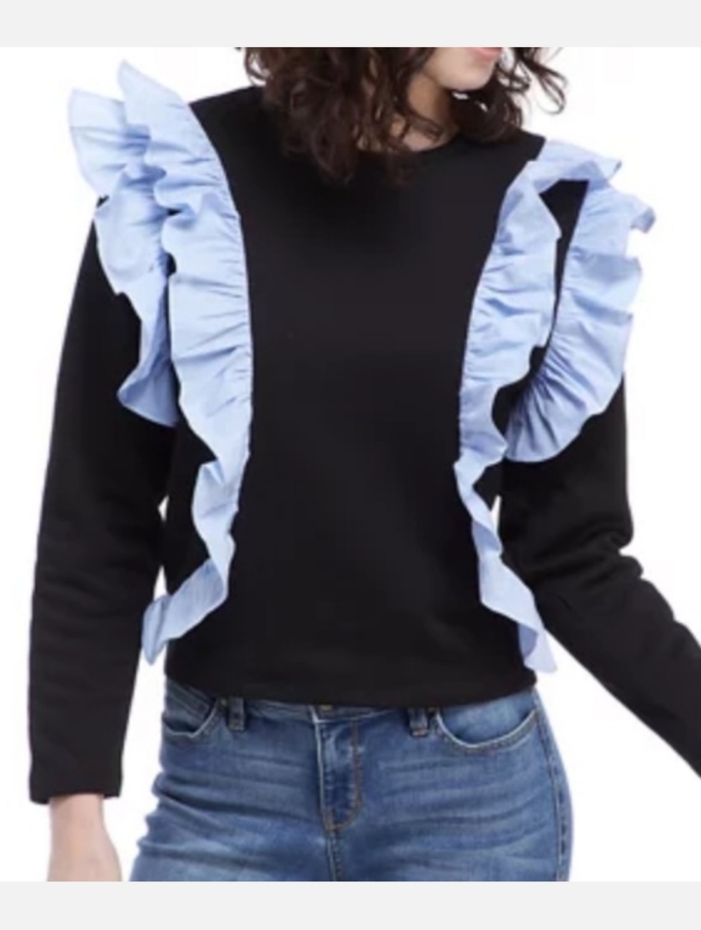 Zara Poplin Sweater Black Light Blue / White Ruffles Size Large Coquette Whimisi